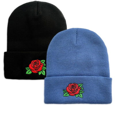 Rose Beanie Hats for Men Unisex Winter Hats Acrylic Cuffed Knitted Beanies Black Blue