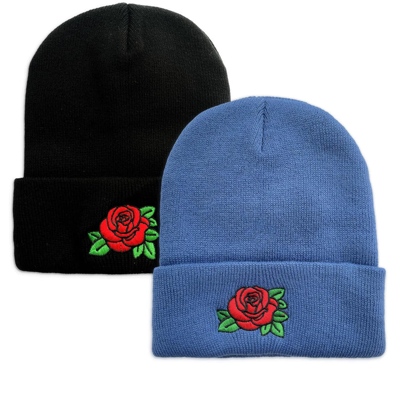Rose Beanie Hats for Men Unisex Winter Hats Acrylic Cuffed Knitted Beanies Black Blue