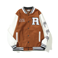 Skull Embroidery Leather Sleeve Baseball Jacket for All