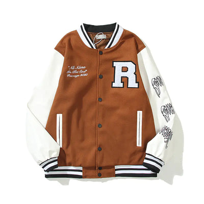 Skull Embroidery Leather Sleeve Baseball Jacket for All